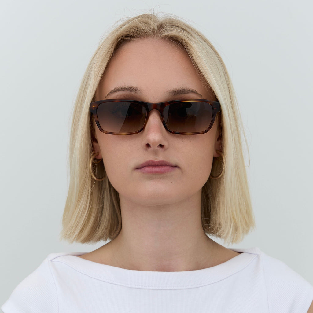 Front view of woman wearing Latiner sunglasses in tortoiseshell.